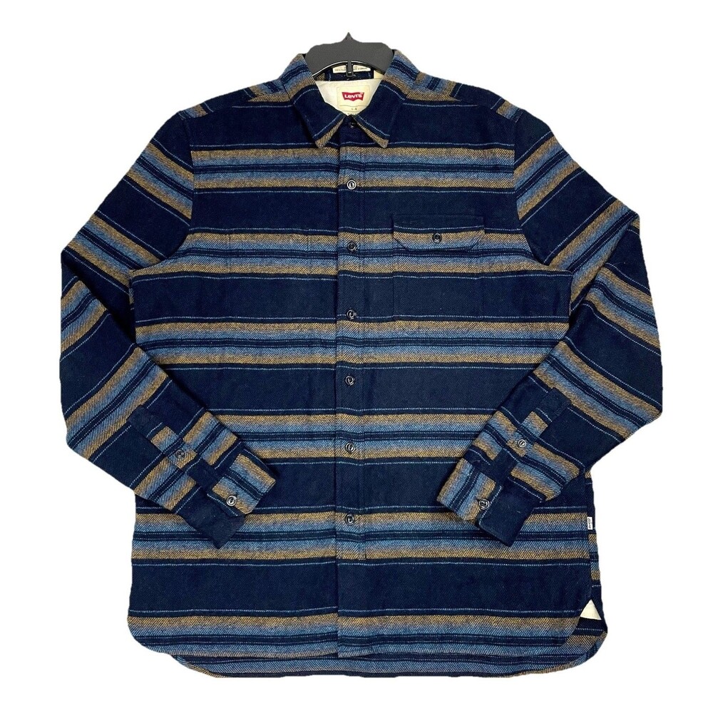 Levi's Wool Flannel Shacket Mens Large Shirt Striped Pen Pocket Button Down Blue
